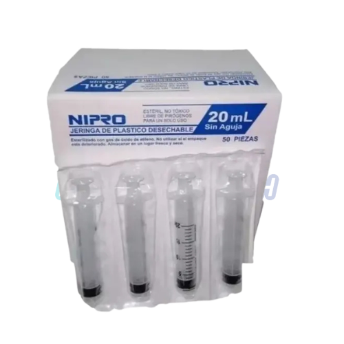 Jeringa 20 ml sin Aguja Luer Lock Nipro (Caja con 50 Piezas)