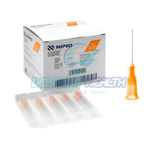 Aguja Hipodérmica 25G x 38 mm (1 1/2”) Naranja NIPRO Caja con 100 Piezas